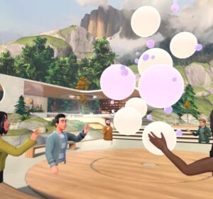 Imagen de una reunión en un espacio inmersivo de Microsoft Mesh