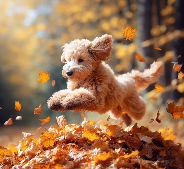 un cachorro café saltando sobre un montón de hojas, fotografía de acción
