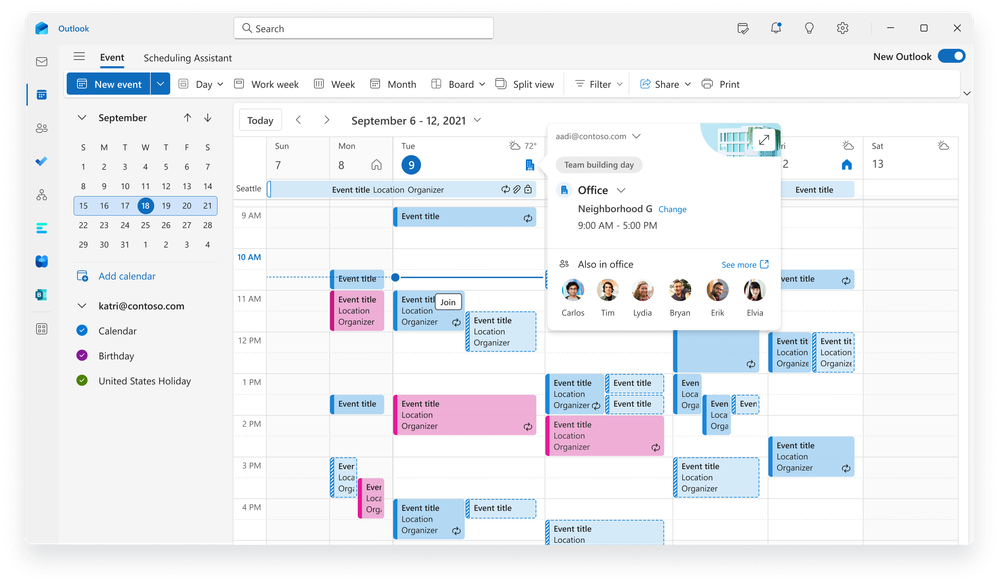 Imagen que muestra cómo Outlook les ayuda a planificar cuándo estarán en la oficina para conectar y colaborar con su equipo