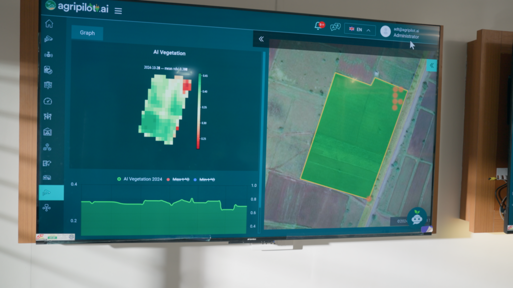 Os dados da fazenda local são combinados com imagens de satélite e drones, bem como dados históricos, para fornecer um diagnóstico preciso da saúde da cultura em toda a fazenda. Foto de Trifilm para Microsoft.