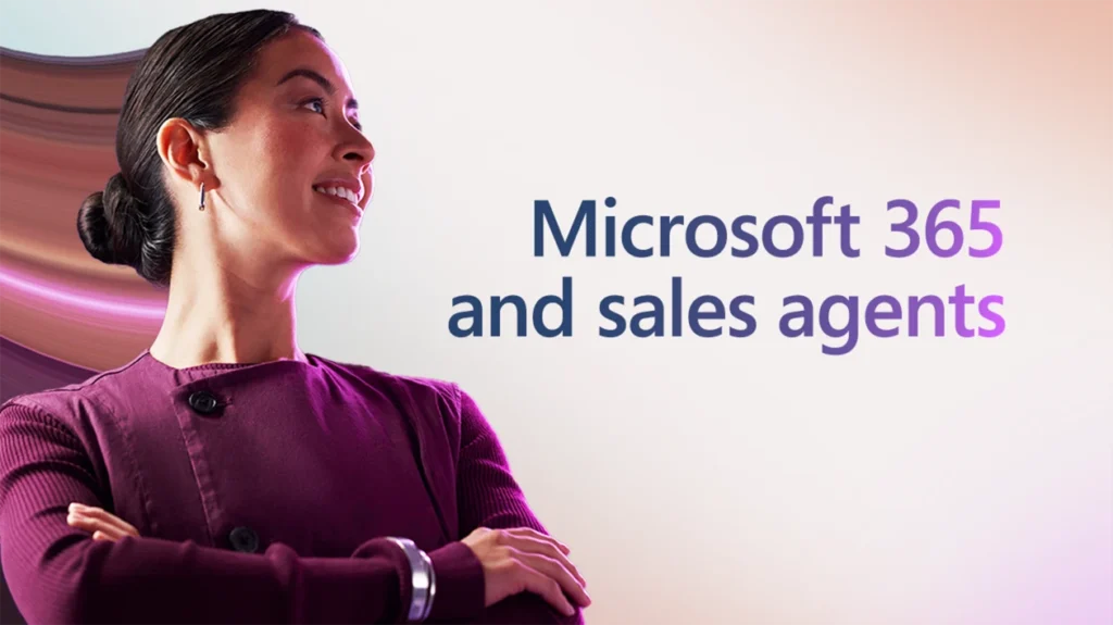 Imagem de uma mulher vestindo uma camisa roxa com os braços cruzados ao lado do texto "Microsoft 365 and sales agents"