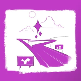 Ilustración en morado de una carretera con una bifurcación