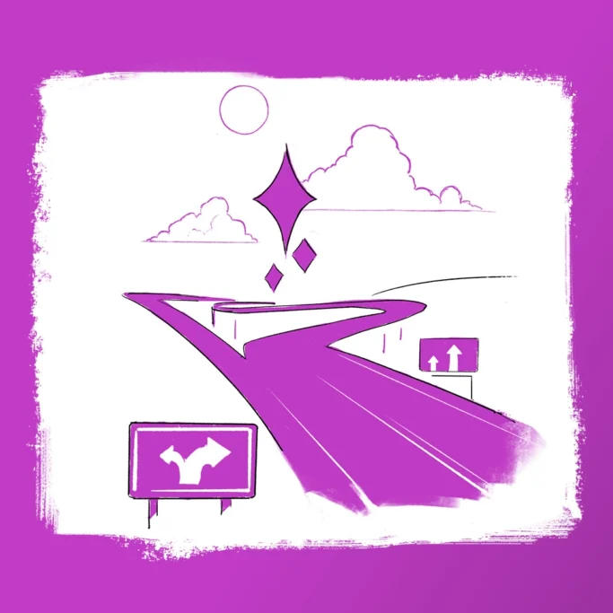 Ilustración en morado de una carretera con una bifurcación