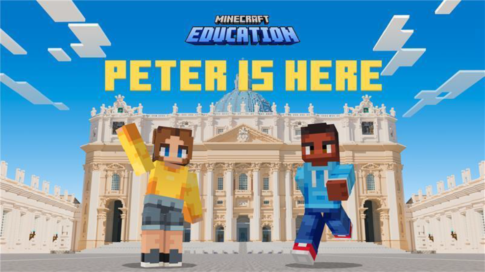 imagem mostra personagens de Minecraft na frente da Basílica de São Pedro