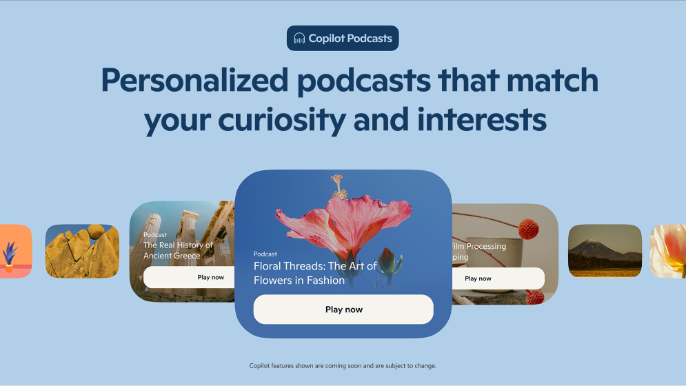 Anuncio de "Copilot Podcasts" con miniaturas de podcasts y el lema "Podcasts personalizados"