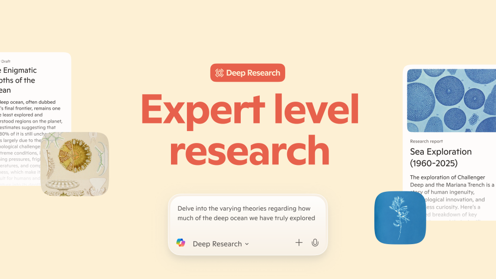 Gráfico de "Deep Research" con el texto "Investigación de nivel experto" y un informe de exploración marina.
